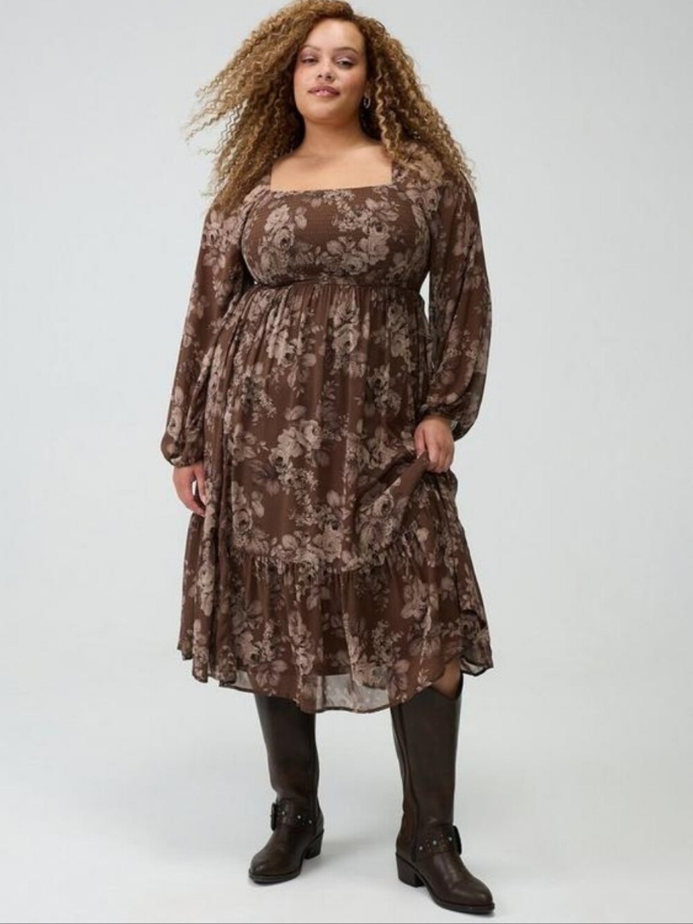Torrid Smocked Bodice Brown Floral Square-Neck Tiered Midi Dress